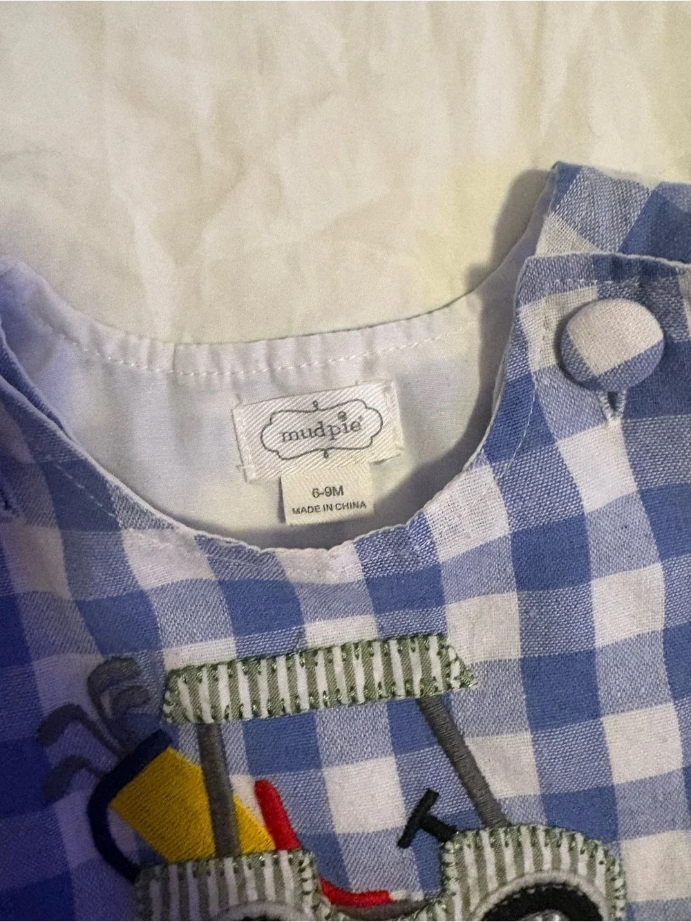 Muskie romper Blue and White Gingham Baby Romper with Golf Cart Applique